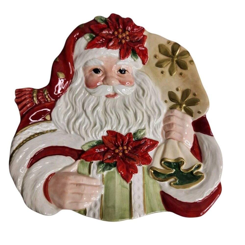 Fitz and Floyd Santa Cookie Plate Christmas Poinsettia Canape 59-353 w/Box